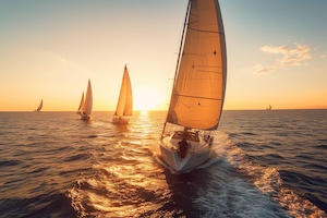 A group of sailboats sailing in the ocean at sunset. Generative AI image.